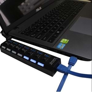 TriLine 7 Port Adaptörlü Usb Hub Çoklayıcı USB 3.0 On Off Tuşlu