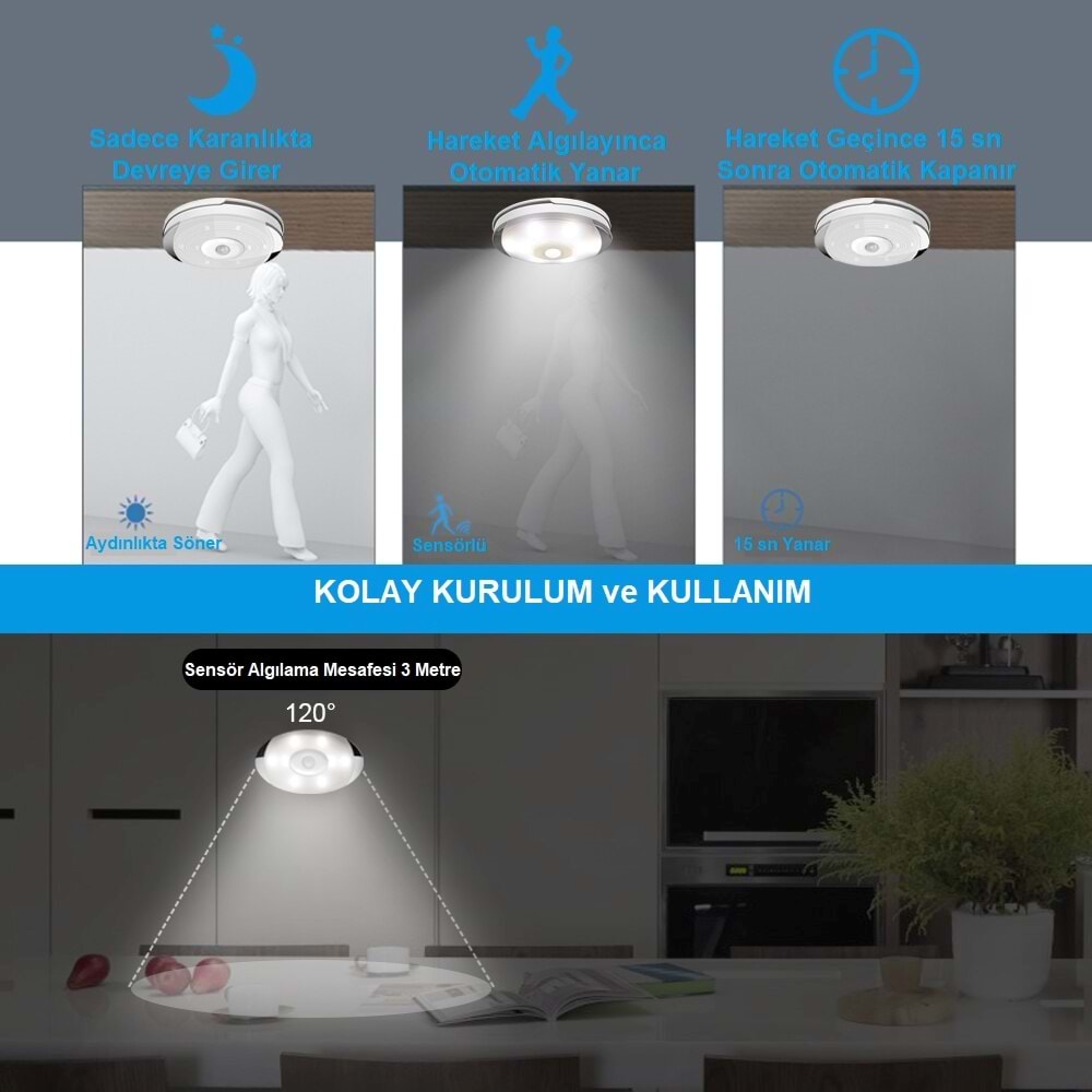 TriLine PIR Hareket Sensörlü Gece Lambası 8 LED li Akıllı Işık -6 Adet- Sıcak Beyaz