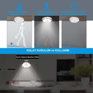 TriLine PIR Hareket Sensörlü Gece Lambası 8 LED li Akıllı Işık -6 Adet- Sıcak Beyaz