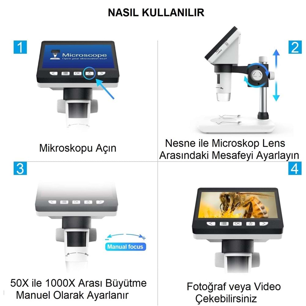 TriLine 1000X Dijital 1080P 4.3 inç LCD Ekranlı USB HD Mikroskop