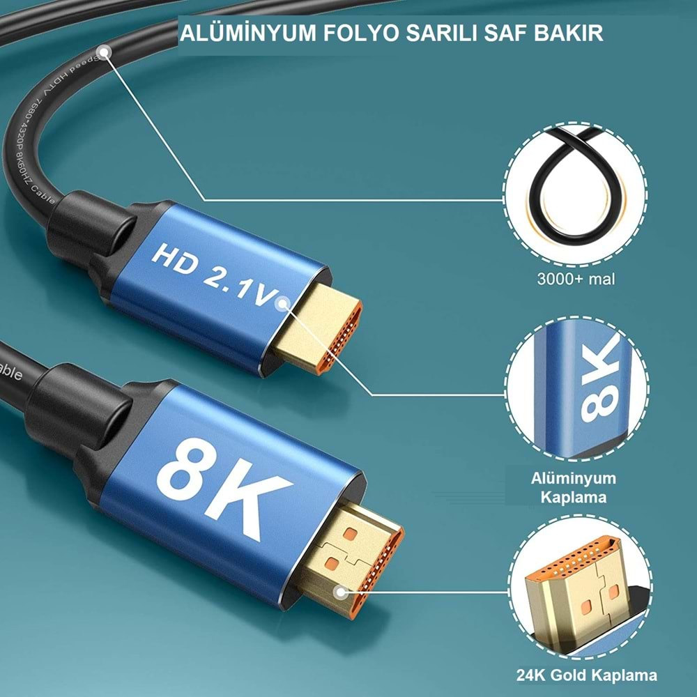 TriLine 8K Ultra HD 2.1V 48Gbps 4320P Altın Kaplama Hdmi Kablo-3METRE