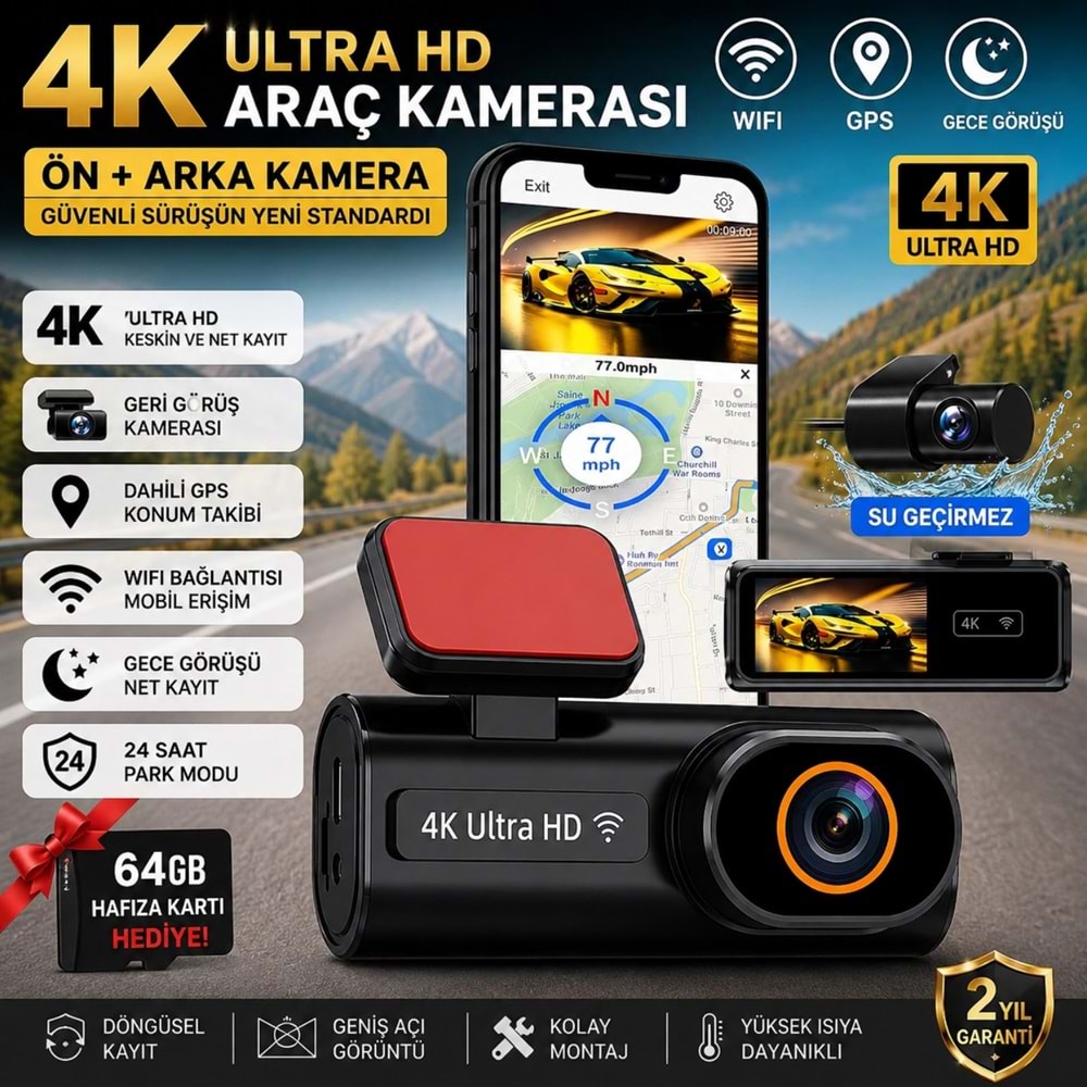 TriLine Ultra HD 4K Mini Ön ve Arka Araç Kamerası 64GB Hafıza Gece Görüşlü GPS Destekli Kamera
