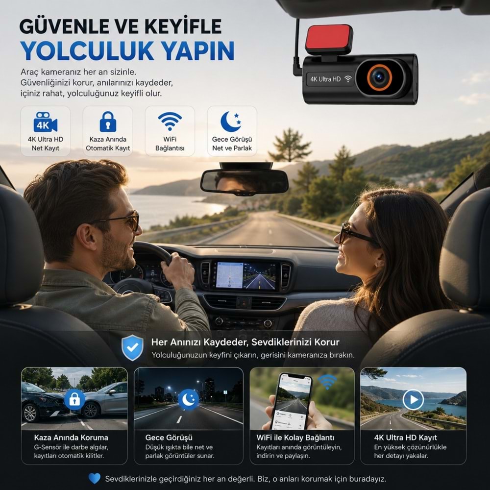 TriLine Ultra HD 4K Mini Ön ve Arka Araç Kamerası 64GB Hafıza Gece Görüşlü GPS Destekli Kamera