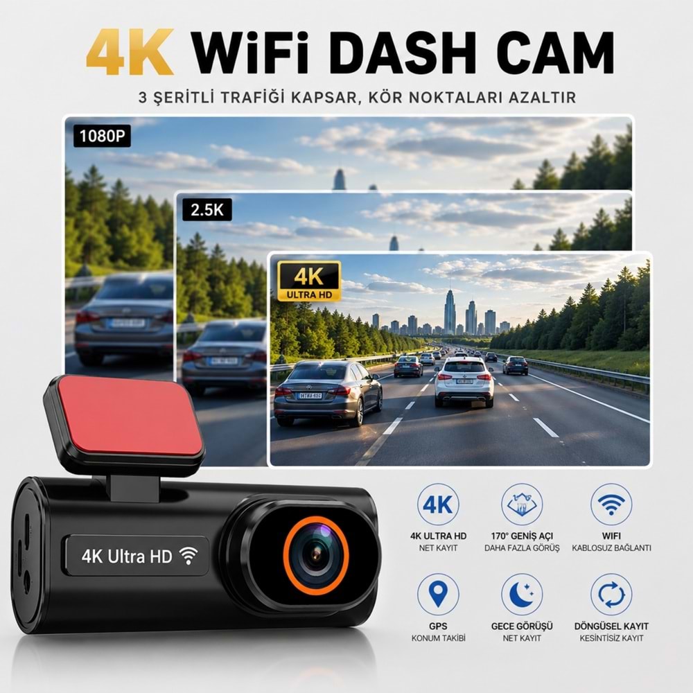 TriLine Ultra HD 4K Mini Ön ve Arka Araç Kamerası 64GB Hafıza Gece Görüşlü GPS Destekli Kamera