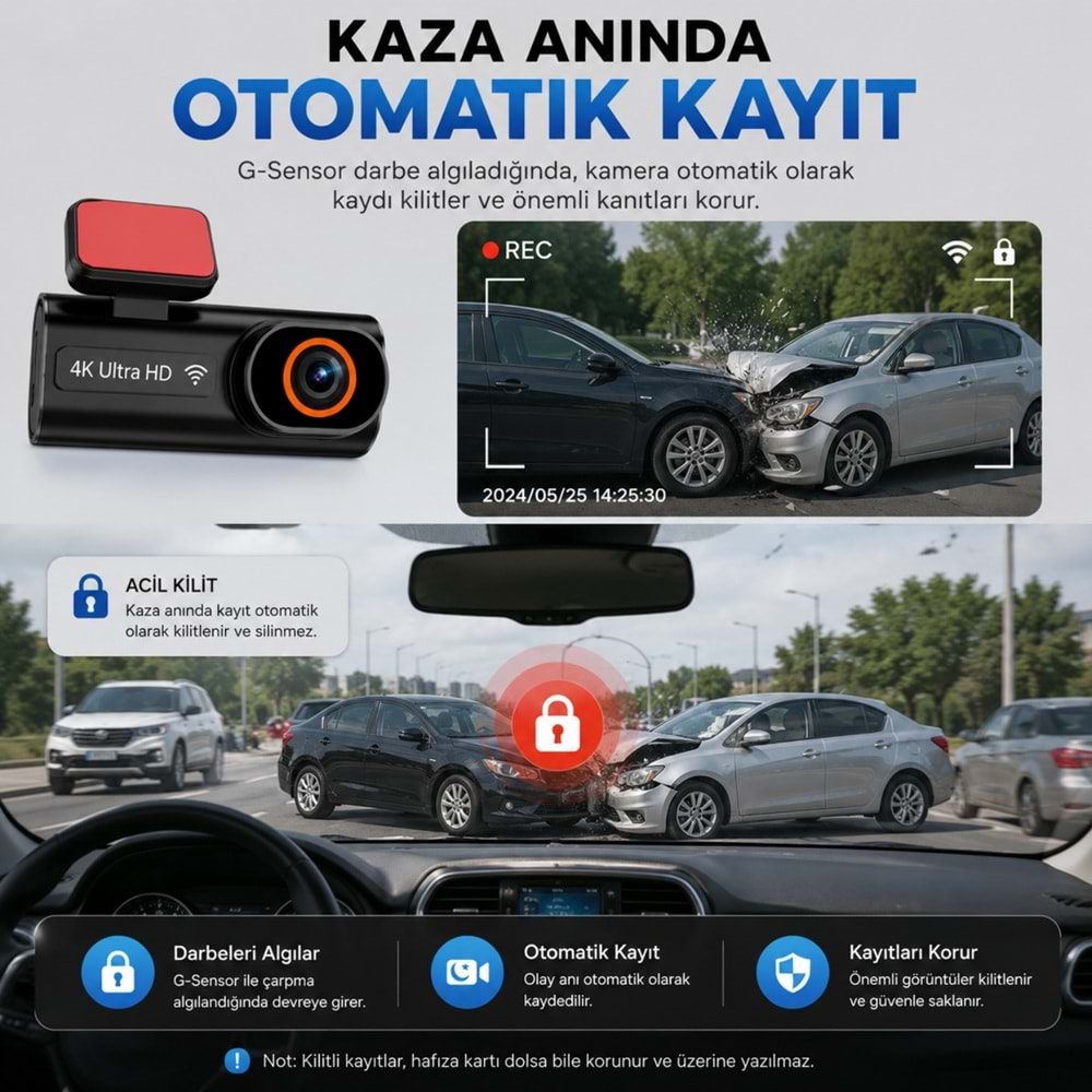 TriLine Ultra HD 4K Mini Ön ve Arka Araç Kamerası 64GB Hafıza Gece Görüşlü GPS Destekli Kamera