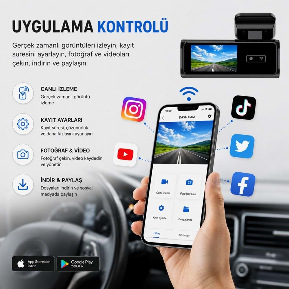 TriLine Ultra HD 4K Mini Ön ve Arka Araç Kamerası 64GB Hafıza Gece Görüşlü GPS Destekli Kamera