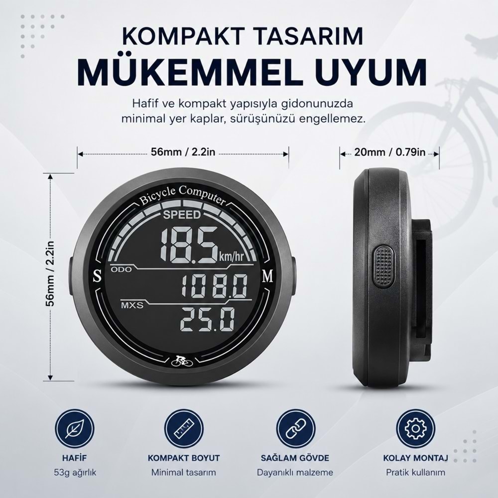 TriLine Bisiklet Bilgisayarı KM Saati Hız ve Mesafe Ölçer Su Geçirmez Ledli LCD Ekranlı Kablolu