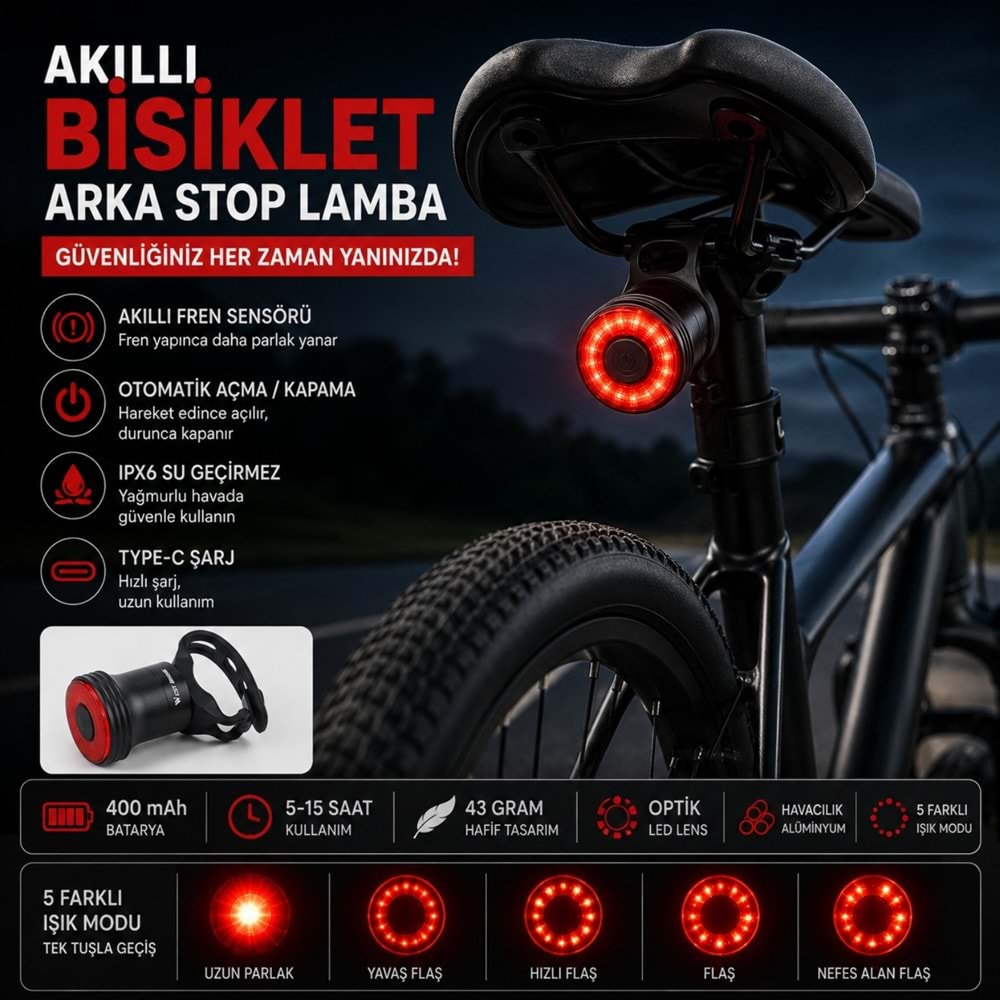 TriLine Akıllı Bisiklet Kuyruk Lambası Fren Sensörlü Type-C Şarjlı IPX6 Su Geçirmez LED Arka Stop Işığı