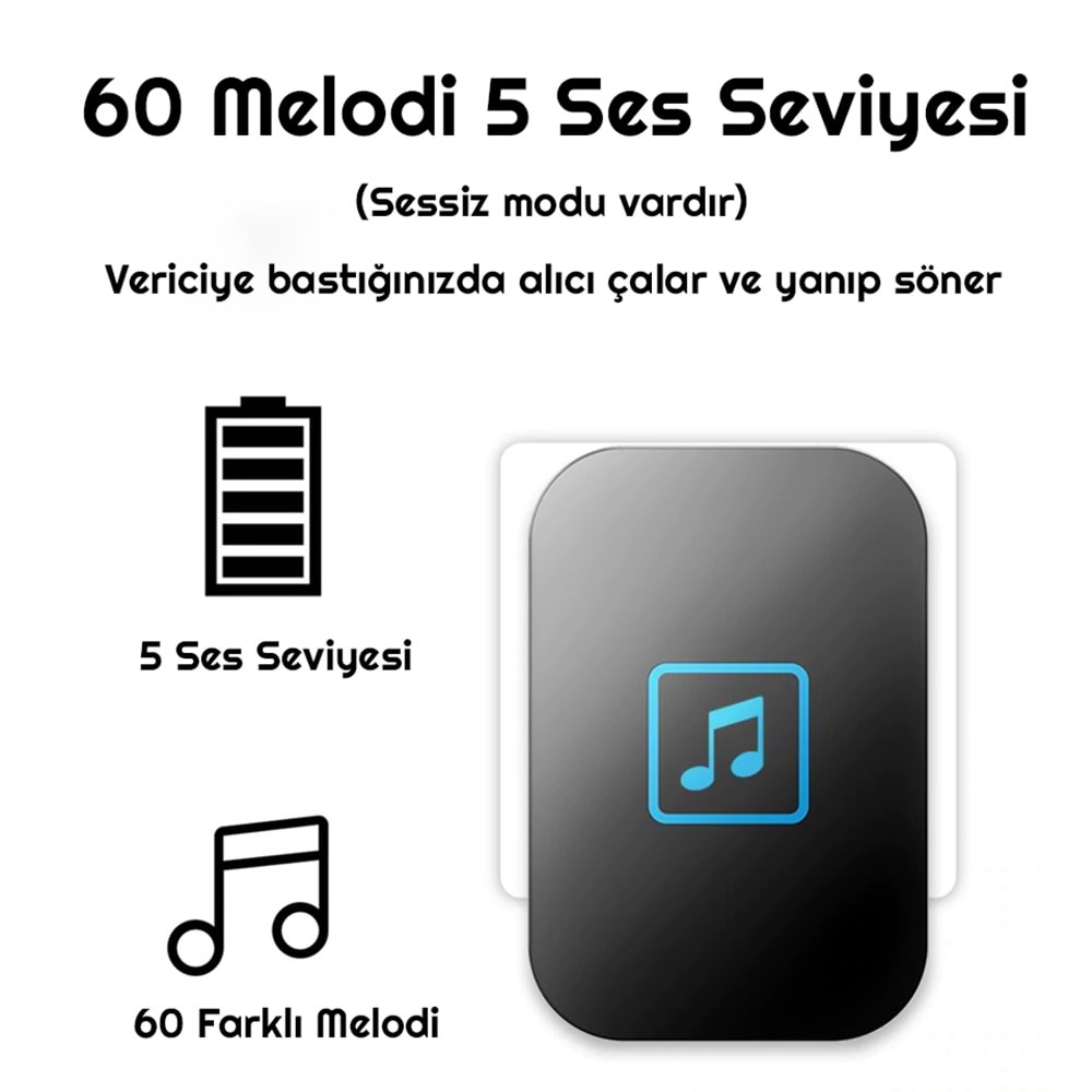 Cacazi 2 Buton 1 Alıcı Pil Gerektirmeyen Kablosuz LED Kapı Zili