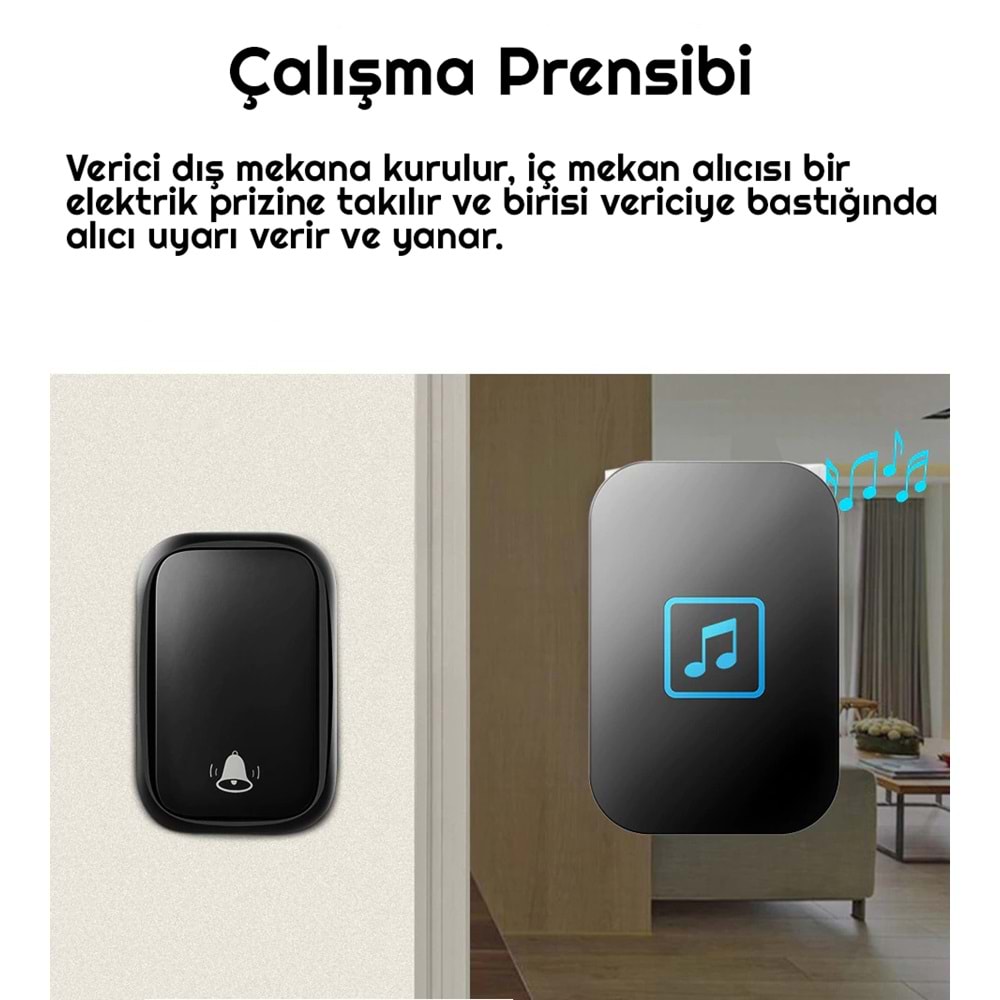 Cacazi 2 Buton 1 Alıcı Pil Gerektirmeyen Kablosuz LED Kapı Zili