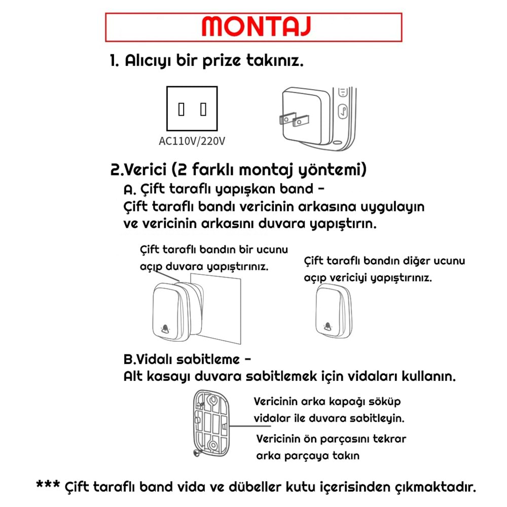 Cacazi 2 Buton 1 Alıcı Pil Gerektirmeyen Kablosuz LED Kapı Zili