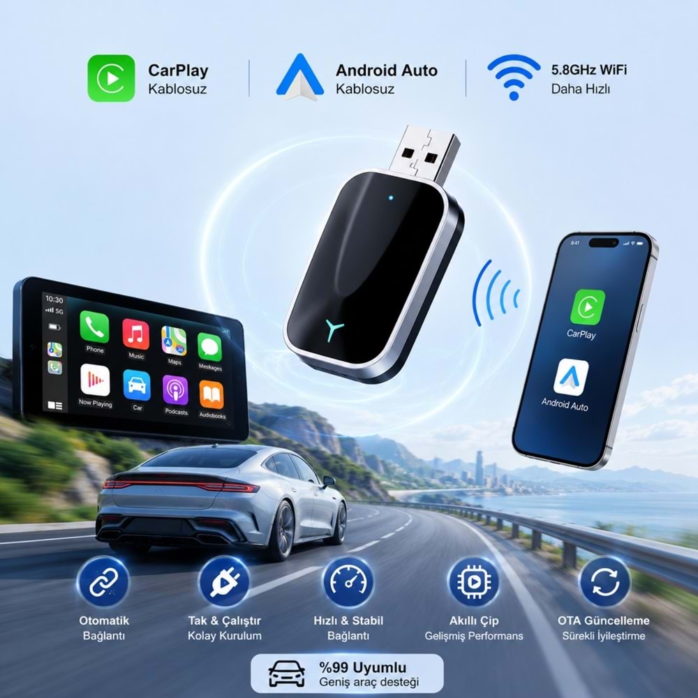 TriLine Kablosuz CarPlay Android Auto Mini 2in1 USB Wireless Carplay Dönüştürücü Type-C OTG Destekli