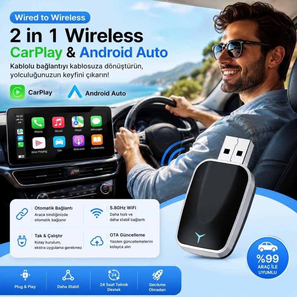 TriLine Kablosuz CarPlay Android Auto Mini 2in1 USB Wireless Carplay Dönüştürücü Type-C OTG Destekli