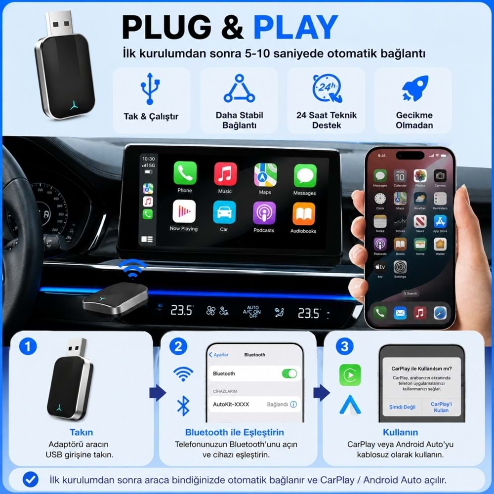 TriLine Kablosuz CarPlay Android Auto Mini 2in1 USB Wireless Carplay Dönüştürücü Type-C OTG Destekli