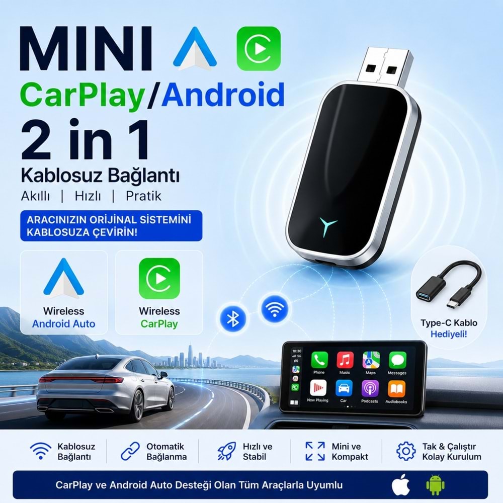 TriLine Kablosuz CarPlay Android Auto Mini 2in1 USB Wireless Carplay Dönüştürücü Type-C OTG Destekli