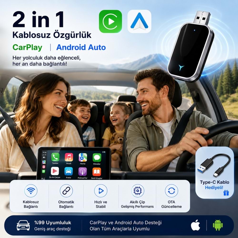 TriLine Kablosuz CarPlay Android Auto Mini 2in1 USB Wireless Carplay Dönüştürücü Type-C OTG Destekli