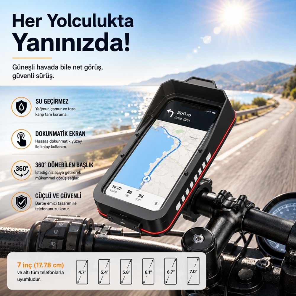TriLine Bisiklet Motosiklet Gidon Telefon Tutucu Çanta Dokunmatik Ekranlı Montaj Aparatı Su Geçirmez