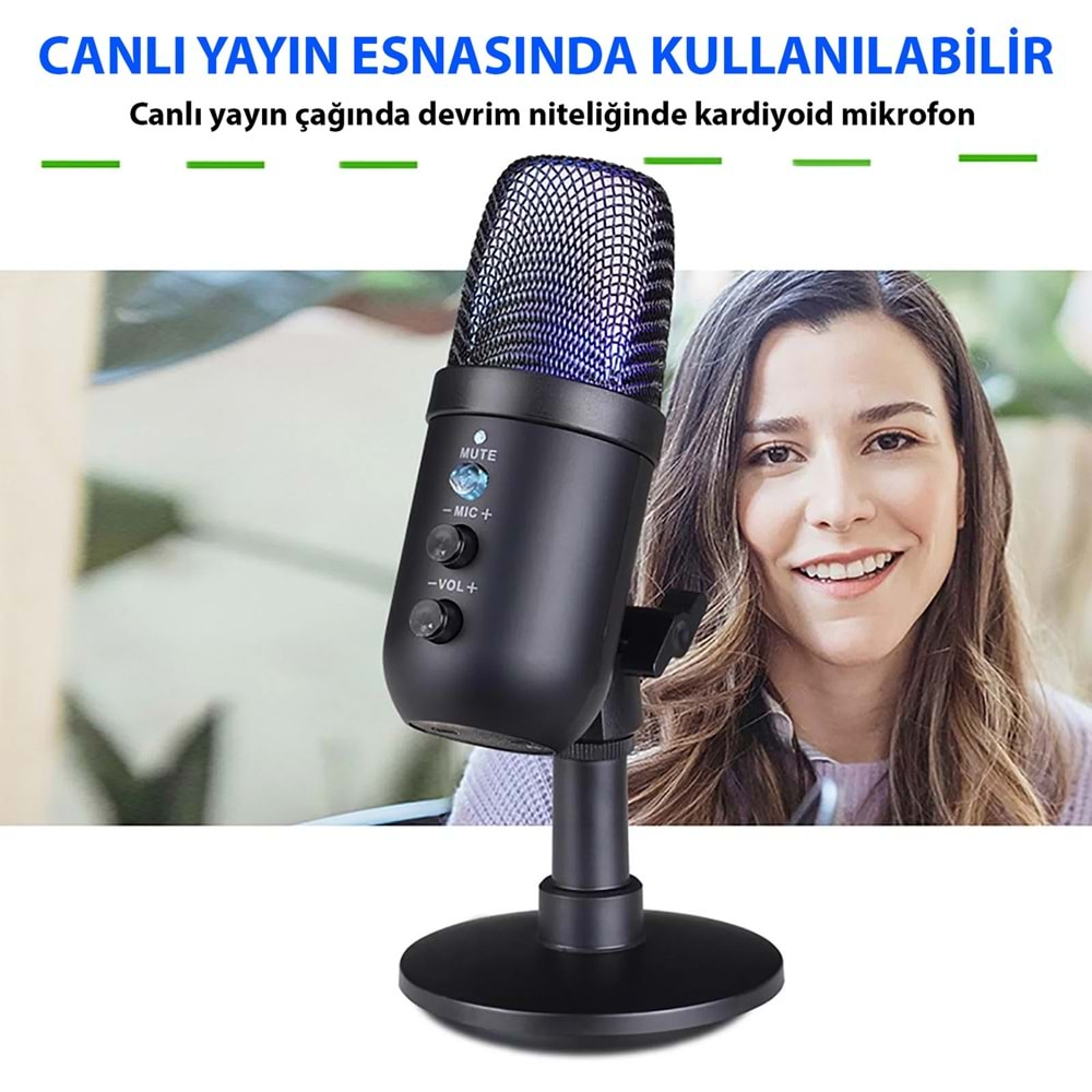 TriLine Profesyonel Kardioid RGB Oyuncu Stüdyo Kayıt Kablolu Podcast Mikrofonu