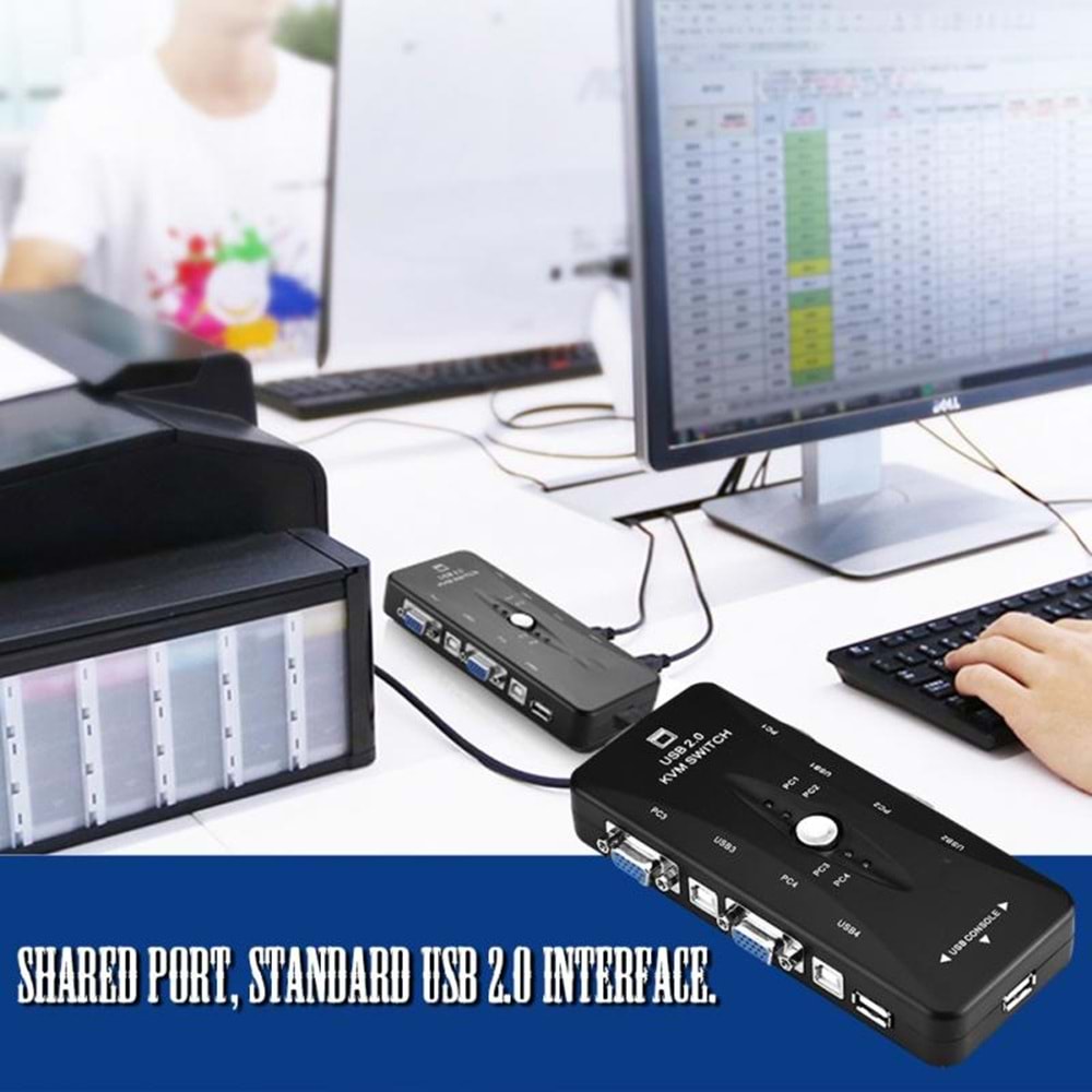 TriLine 4 Port Usb Kvm Switch 4PC Tek Monitör Kontrol