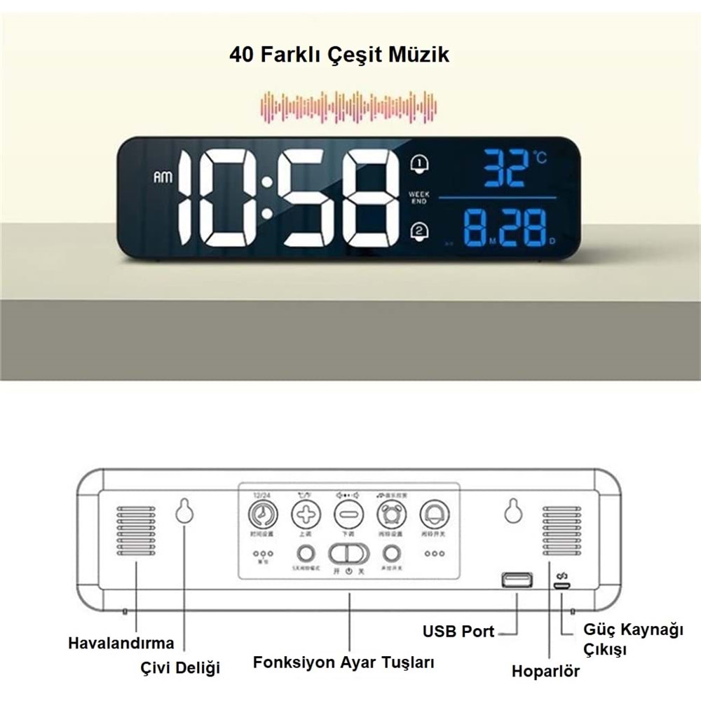 TriLine HD LED Ekranlı Aynalı Elektronik Saat Sıcaklık Tarih Dijital Masa Saati