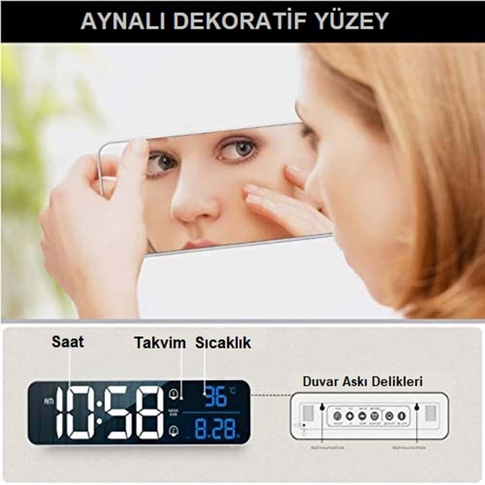 TriLine HD LED Ekranlı Aynalı Elektronik Saat Sıcaklık Tarih Dijital Masa Saati