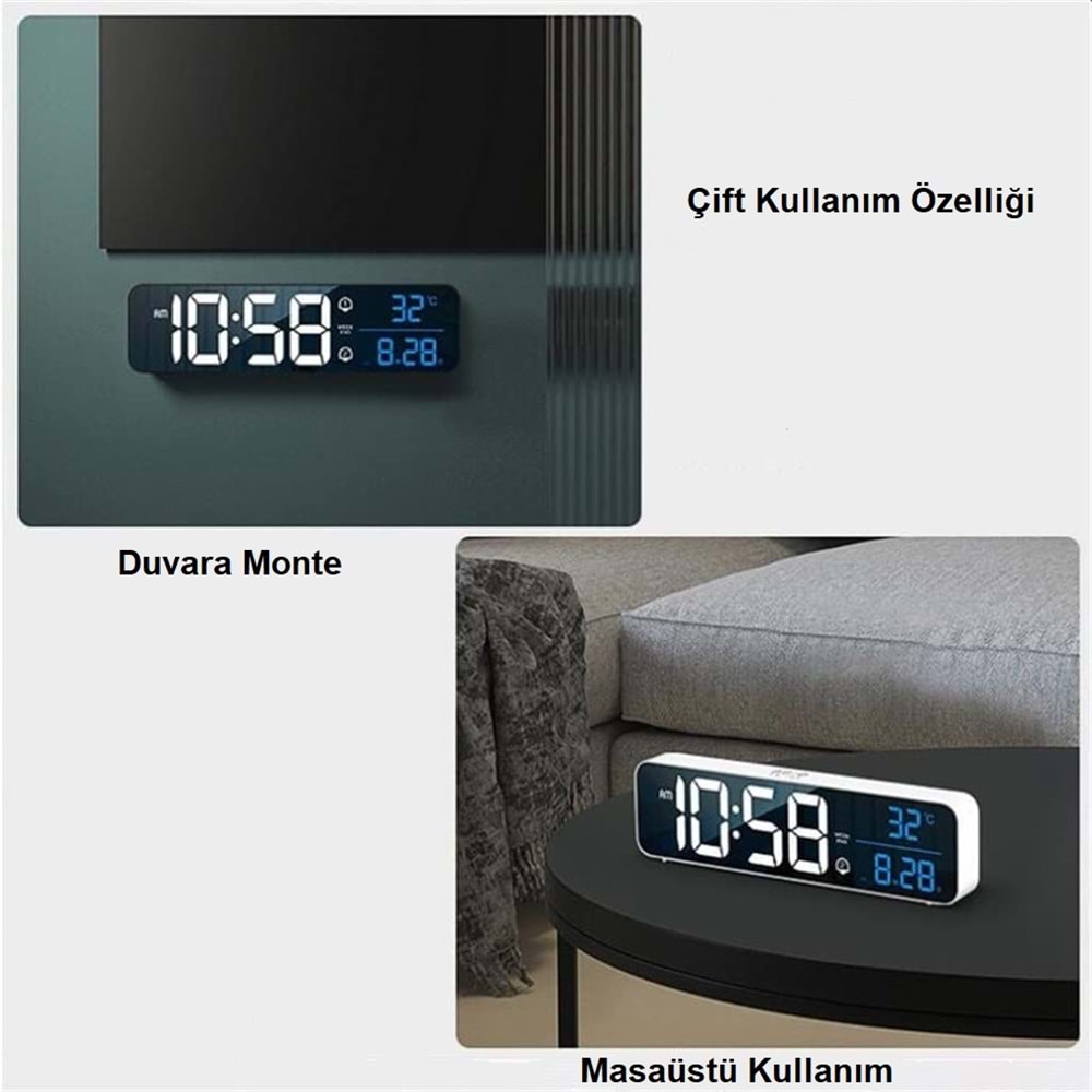 TriLine HD LED Ekranlı Aynalı Elektronik Saat Sıcaklık Tarih Dijital Masa Saati