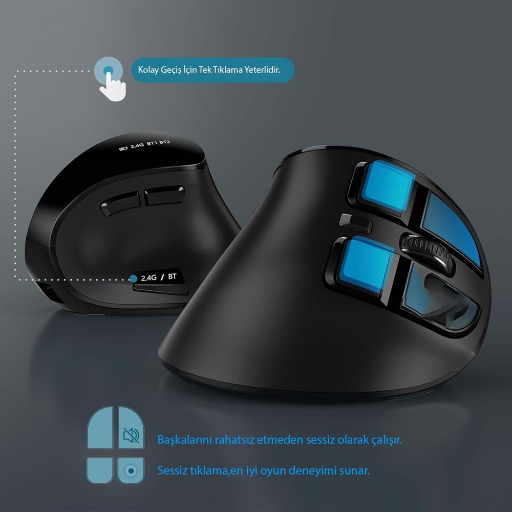TriLine Bluetooth+2.4G Kablosuz Dikey Ergonomik Şarj Edilebilir Sessiz Mouse