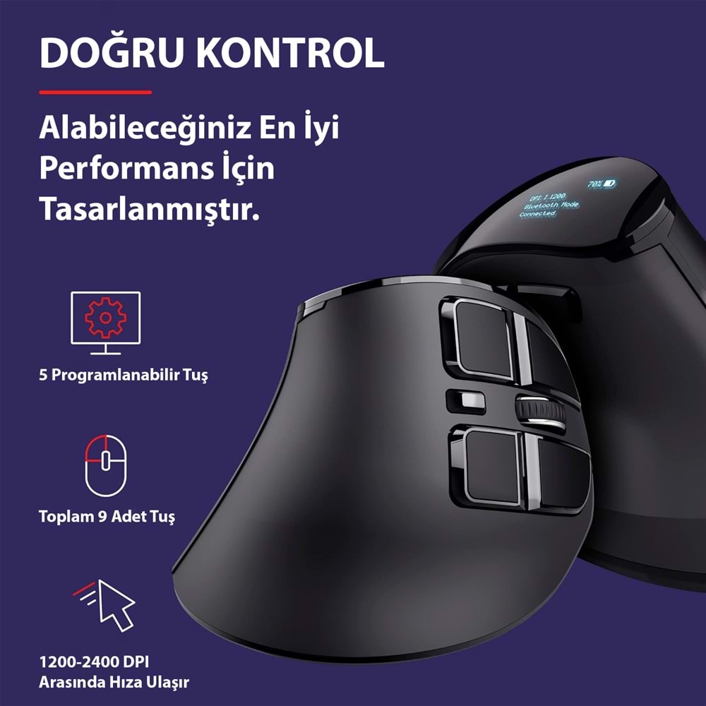 TriLine Bluetooth+2.4G Kablosuz Dikey Ergonomik Şarj Edilebilir Sessiz Mouse
