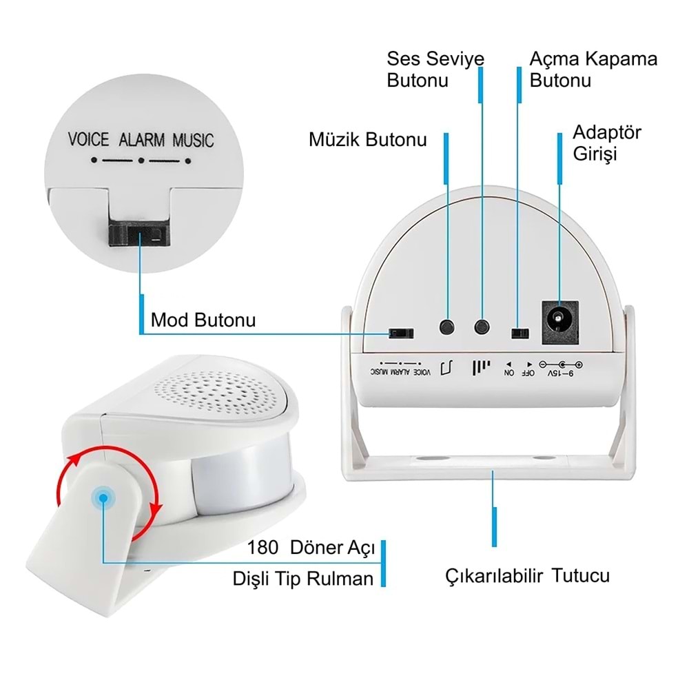 TriLine Misafir Karşılama Zili 3 Modlu Kumandalı Hareket Sensörlü Güvenlik Alarm Pır Sensör