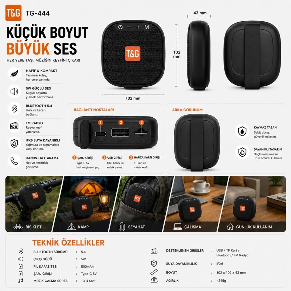 TriLine TG-444 Kablosuz Bluetooth Hoparlör Bisiklet Uyumlu Taşınabilir Outdoor Speaker FM Radyo USB/TF Kart Destekli