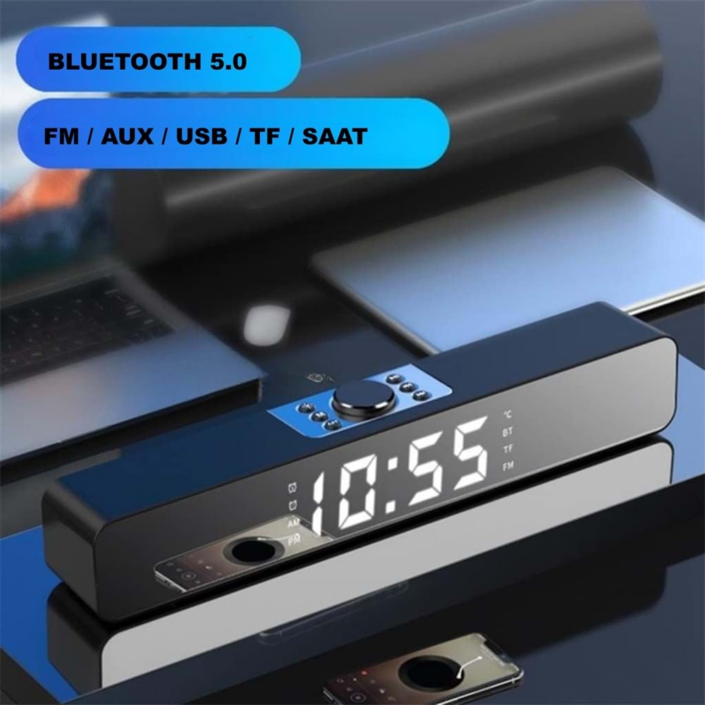 TriLine Bluetooth Hoparlör Şarjlı Yatay Ses Sistemi LED Ekran FM Çalar Saat Sıcaklık PC USB Aux Tf Kart