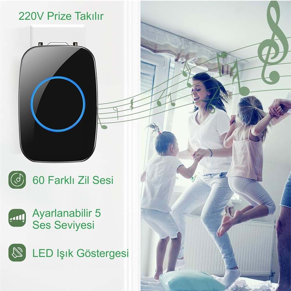 TriLine Ledli Modern Kablosuz Kapı Zili 300metre Menzil 60 Çeşit Zil 5 Seviye Ses