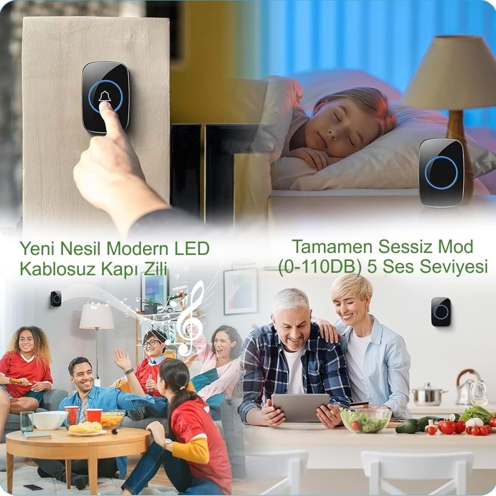 TriLine Ledli Modern Kablosuz Kapı Zili 300metre Menzil 60 Çeşit Zil 5 Seviye Ses