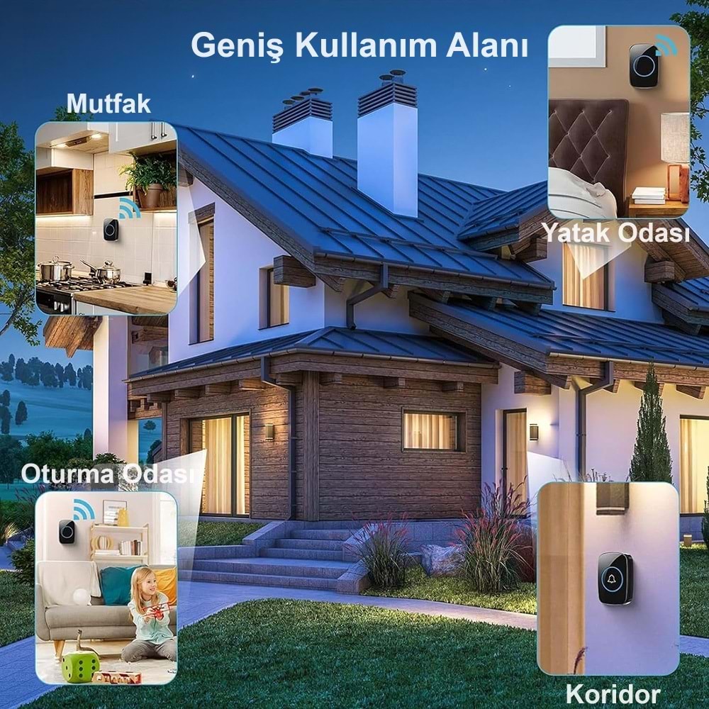 TriLine Ledli Modern Kablosuz Kapı Zili 300metre Menzil 60 Çeşit Zil 5 Seviye Ses