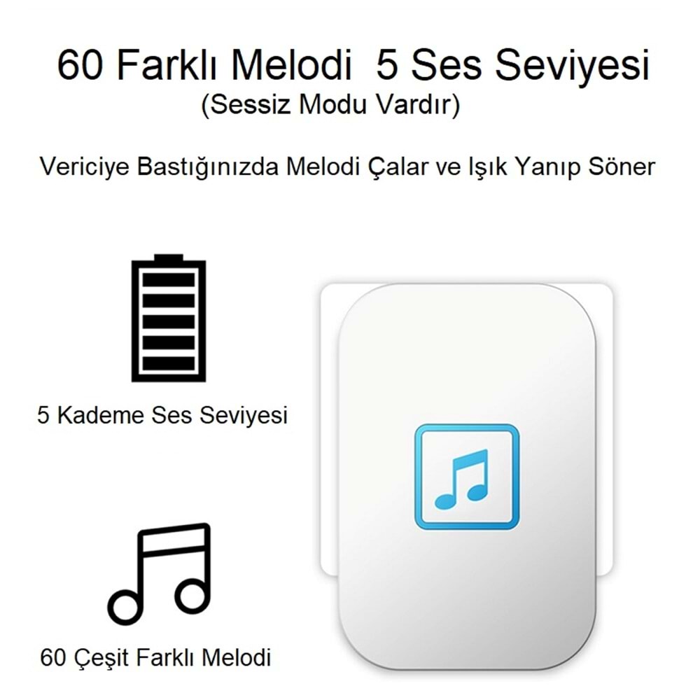 Cacazi 2 Alıcılı Su Geçirmez Beyaz Pil Gerektirmeyen Kablosuz LED Kapı Zili