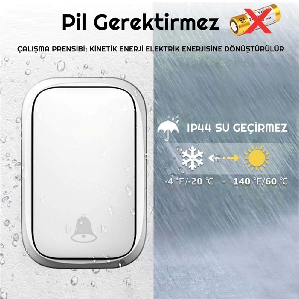 Cacazi 2 Alıcılı Su Geçirmez Beyaz Pil Gerektirmeyen Kablosuz LED Kapı Zili