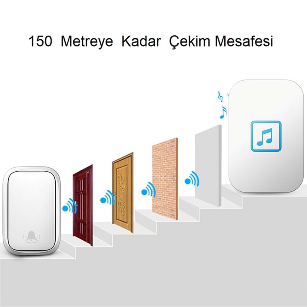 Cacazi 2 Alıcılı Su Geçirmez Beyaz Pil Gerektirmeyen Kablosuz LED Kapı Zili