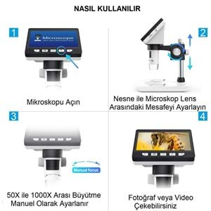 TriLine 1000X Dijital 1080P 4.3 inç LCD Ekranlı USB HD Mikroskop