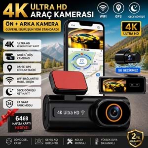 TriLine Ultra HD 4K Mini Ön ve Arka Araç Kamerası 64GB Hafıza Gece Görüşlü GPS Destekli Kamera