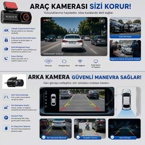 TriLine Ultra HD 4K Mini Ön ve Arka Araç Kamerası 64GB Hafıza Gece Görüşlü GPS Destekli Kamera