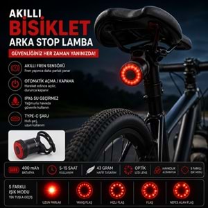 TriLine Akıllı Bisiklet Kuyruk Lambası Fren Sensörlü Type-C Şarjlı IPX6 Su Geçirmez LED Arka Stop Işığı