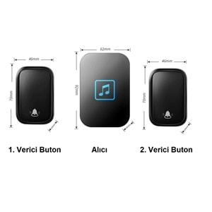 Cacazi 2 Buton 1 Alıcı Pil Gerektirmeyen Kablosuz LED Kapı Zili