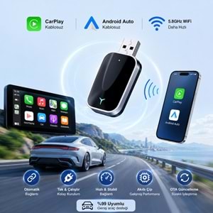 TriLine Kablosuz CarPlay Android Auto Mini 2in1 USB Wireless Carplay Dönüştürücü Type-C OTG Destekli