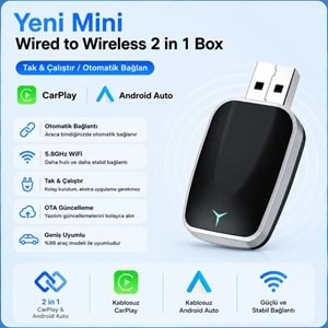 TriLine Kablosuz CarPlay Android Auto Mini 2in1 USB Wireless Carplay Dönüştürücü Type-C OTG Destekli