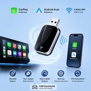 TriLine Kablosuz CarPlay Android Auto Mini 2in1 USB Wireless Carplay Dönüştürücü Type-C OTG Destekli