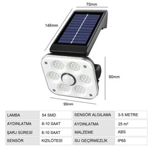 TriLine 54 LED Solar Lamba 3 Modlu Güneş Enerjili Dış Mekan Aydınlatma