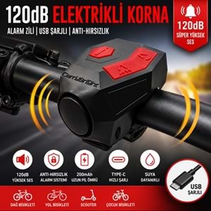 TriLine 120 dB USB Şarjlı Bisiklet Kornası Alarm Zili Anti Hırsızlık Elektrikli Korna Scooter