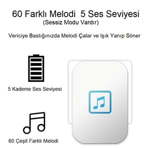 Cacazi 2 Alıcılı Su Geçirmez Beyaz Pil Gerektirmeyen Kablosuz LED Kapı Zili