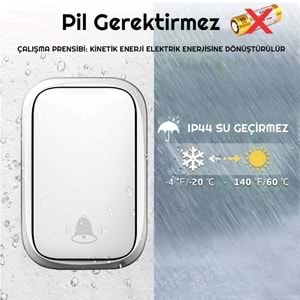 Cacazi 2 Alıcılı Su Geçirmez Beyaz Pil Gerektirmeyen Kablosuz LED Kapı Zili