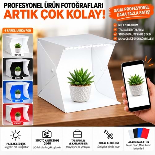 TriLine 20x20 cm LED Işıklı Mini Ürün Fotoğraf Çekim Çadırı 4 Renk Fonlu Taşınabilir Stüdyo